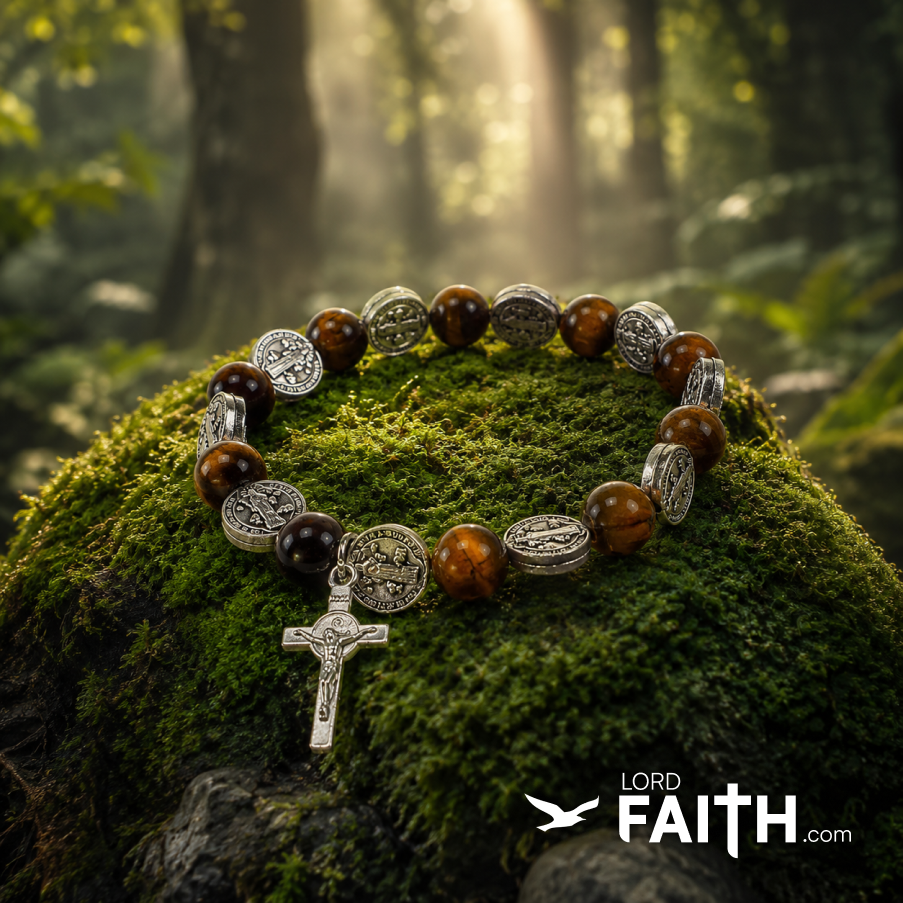 Saint Benedict Tiger Eye Rosary Bracelet